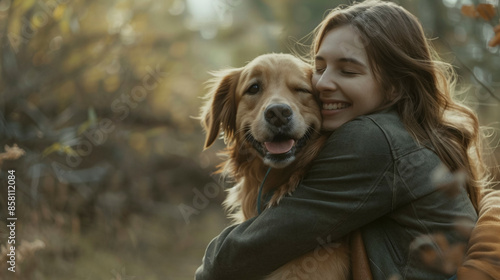 Lovely Young Lady with Long Brown Hair Cuddling Golden Retriever in Autumn Setting