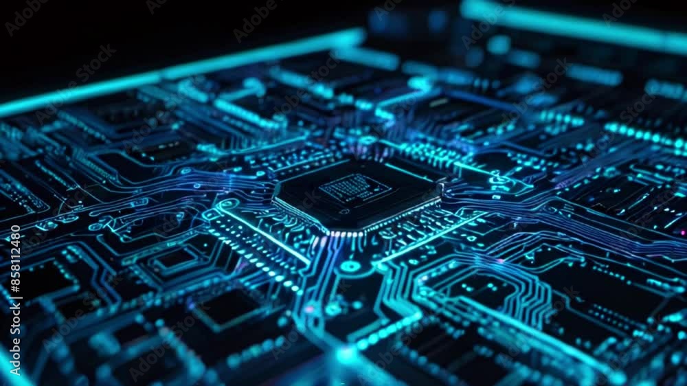 A close-up of a computer circuit board with a glowing blue light. A close-up of a computer circuit board with a glowing blue light.