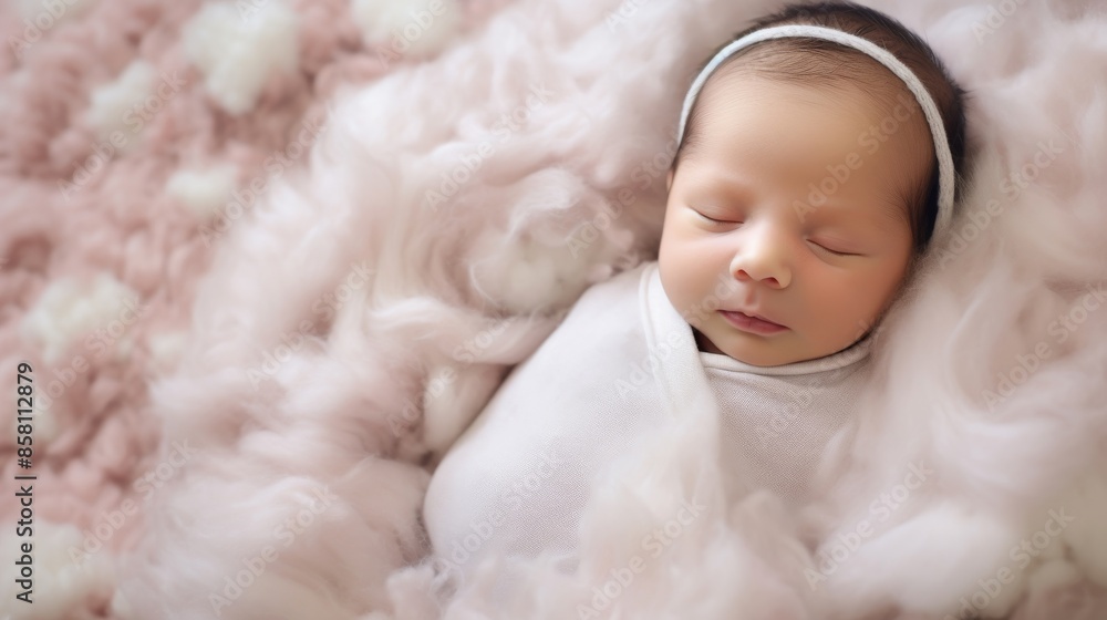 Newborn cradled in soft, fluffy cotton cloud, serene and cozy Newborn cradled in soft, fluffy cotton cloud, serene and cozy