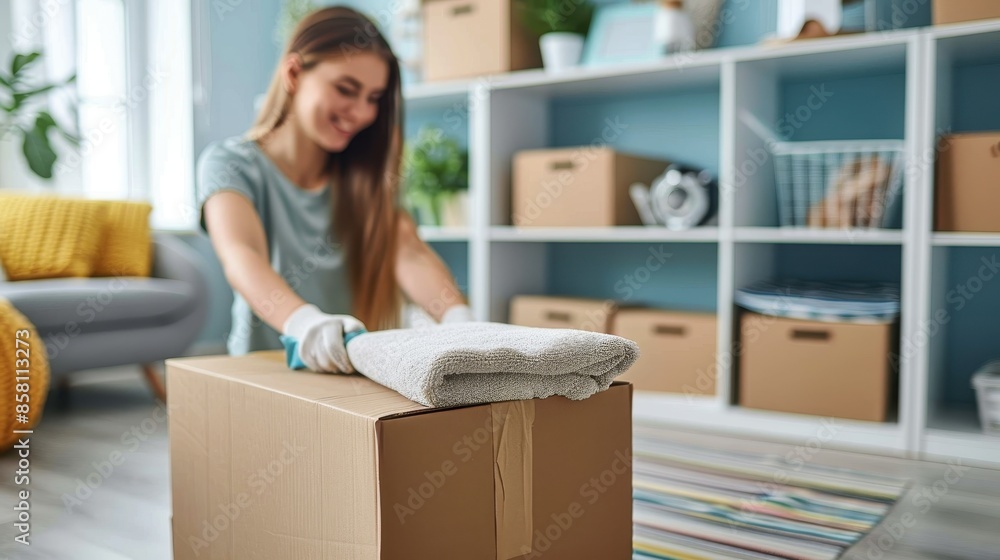 A focused woman carefully arranges a blanket atop a box in a cozy, well-lit living space, symbolizing organization and attention to detail within a domestic setting. A focused woman carefully arranges a blanket atop a box in a cozy, well-lit living space, symbolizing organization and attention to detail within a domestic setting.