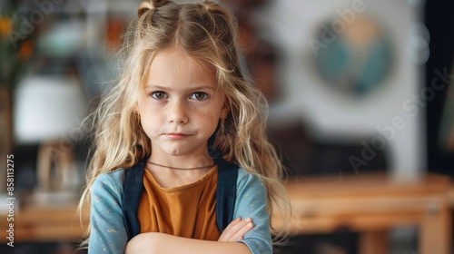 A little girl with blonde hair and freckles, arms crossed, looks serious at home, showcasing determination and youthful confidence in a domestic environment.