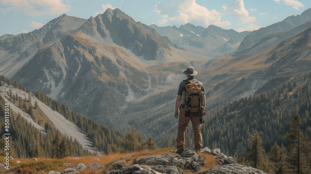 Fototapeta premium Mountain travel man hike walk with backpack around the mountain
