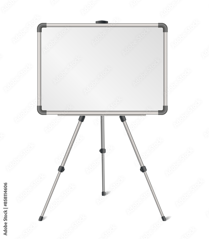 Realistic blank whiteboard on tripod stand isolated on transparent background