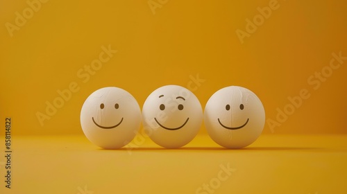 Icons of joy and sorrow on ping pong balls against yellow backdrop Concept of customer contentment or assessment