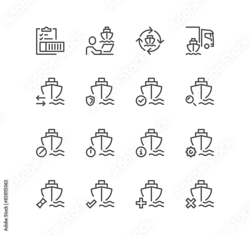 Set of ship management related icons, renting price, commercial fleet, ship route, container stacking and linear variety vectors.