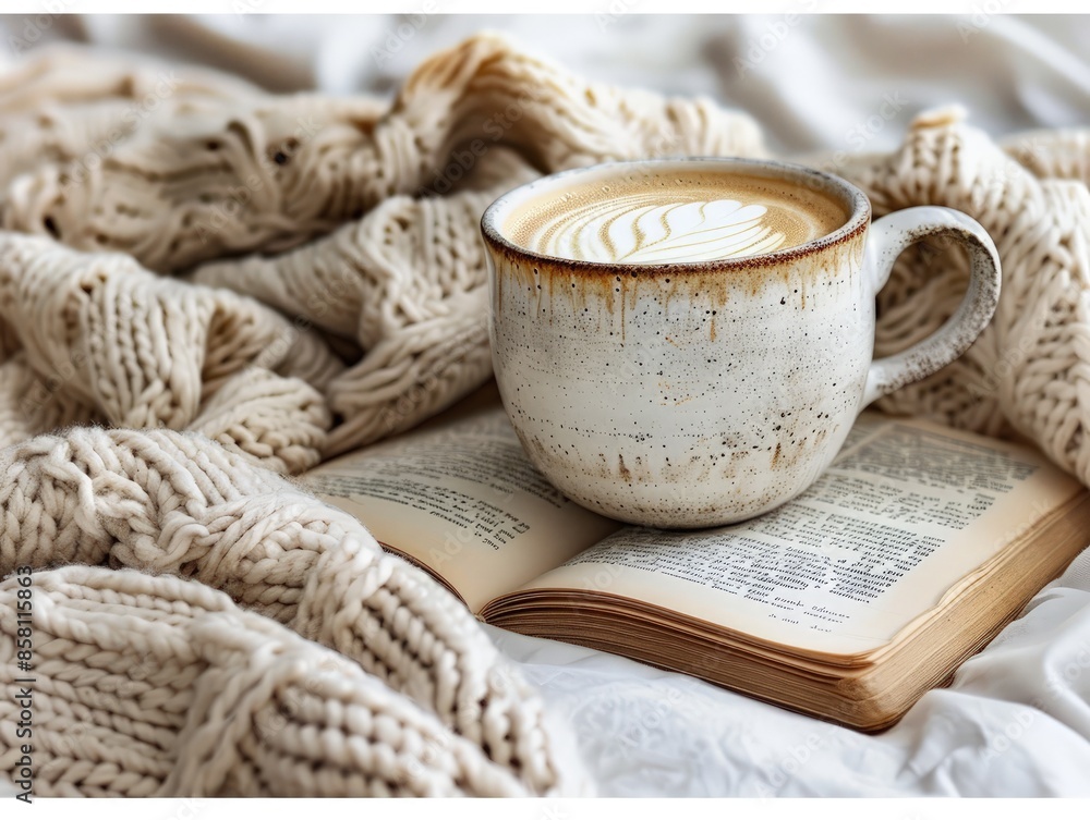 Coffee-Filled White Mug with Book and Yarn on Neutral Surface Coffee-Filled White Mug with Book and Yarn on Neutral Surface