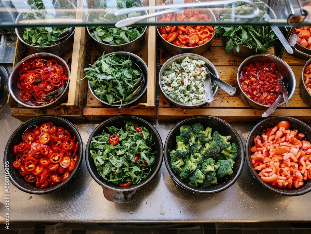 Kitchen Counter Displayed with Nine Black Bowls of Vibrant Vegetables Kitchen Counter Displayed with Nine Black Bowls of Vibrant Vegetables