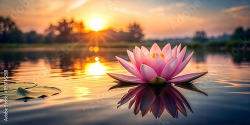 Pink lotus flower on a tranquil lake at sunset, perfect for yoga and meditation backgrounds, with copy space, with empty space, photo