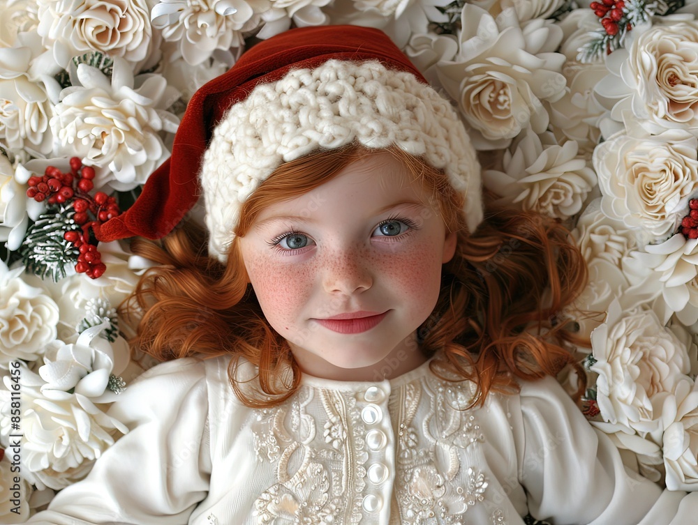 Redhead Girl in Festive White Dress Amidst Blooming Roses Redhead Girl in Festive White Dress Amidst Blooming Roses