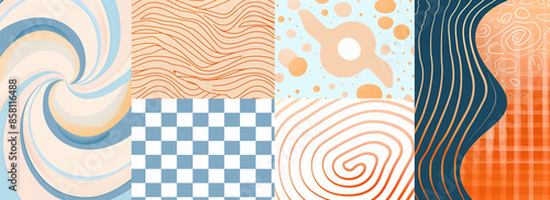 4 Retro Groovy Background Vector Presentation Designs: Spiral Pattern & Wavy Lines in Pastel Orange Color Style
