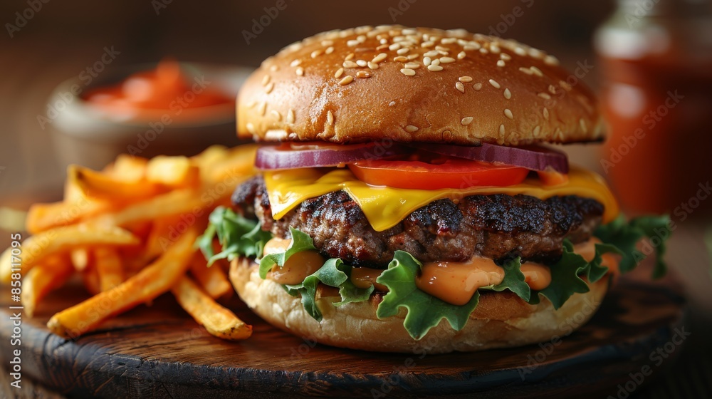 Juicy Cheeseburger: Cheeseburger stacked high with fresh lettuce, tomato, cheese, and a soft sesame bun. Juicy Cheeseburger: Cheeseburger stacked high with fresh lettuce, tomato, cheese, and a soft sesame bun.