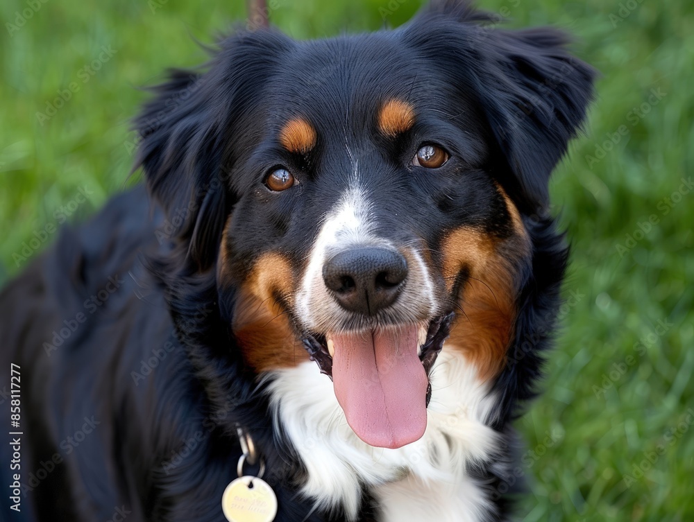 Black and Tan Dog with White Face Markings, Spotted Ears, Yellow Tag Black and Tan Dog with White Face Markings, Spotted Ears, Yellow Tag