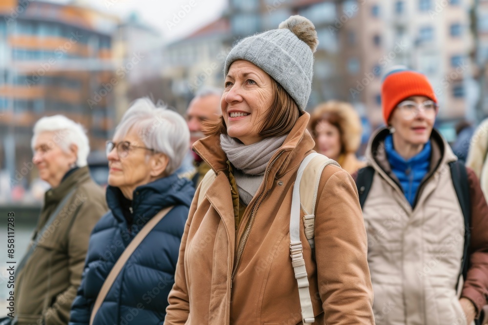 Portrait of smiling mature woman with friends in background at street. Portrait of smiling mature woman with friends in background at street.