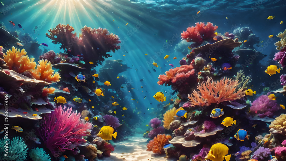 An underwater scene of a vibrant coral reef. Colorful fish swim among the corals, and sunlight filters through the water, creating a beautiful play of light and shadows. An underwater scene of a vibrant coral reef. Colorful fish swim among the corals, and sunlight filters through the water, creating a beautiful play of light and shadows.