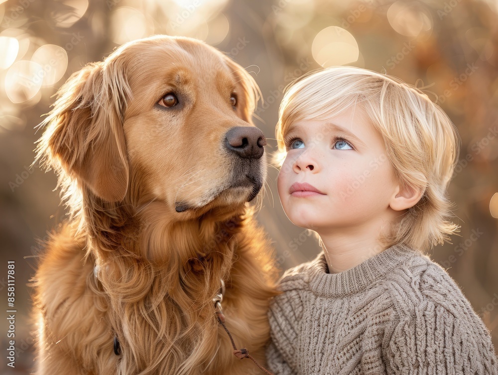 Young Child and Golden Retriever Bond in a Garden Young Child and Golden Retriever Bond in a Garden