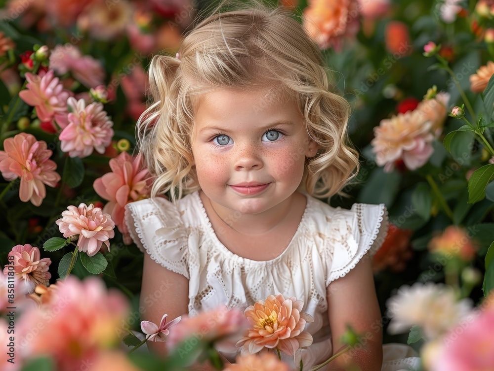 Young Blonde Girl Smiling in Flower Field Young Blonde Girl Smiling in Flower Field