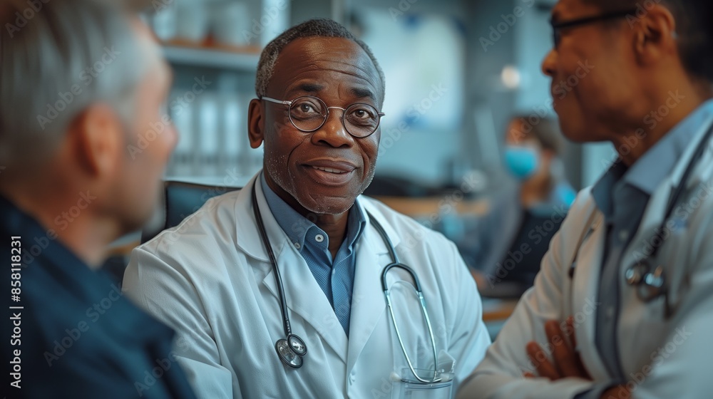 Fototapeta premium African American Doctor Speaking With Patient In Medical Office