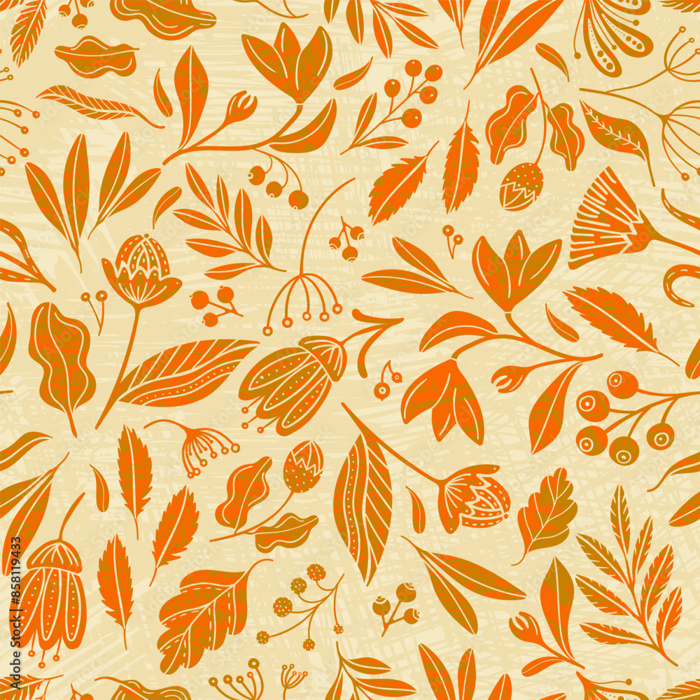 Monochrome seamless pattern with orange stylized leaves, flowers, and berries on a beige background. This vector has a retro, folk, rustic feel with breath of modern textures. Monochrome seamless pattern with orange stylized leaves, flowers, and berries on a beige background. This vector has a retro, folk, rustic feel with breath of modern textures.