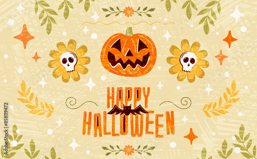 A cheerful Halloween-themed hand-made vector poster featuring a carved pumpkin, skull flowers, and foliage. The text Happy Halloween is prominently displayed with a small bat icon.