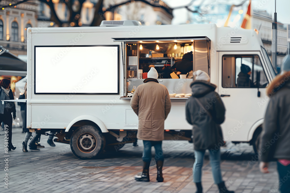 Fototapeta premium A detailed mockup of a food truck with a blank design, set up in a busy street market with people lined up, ideal for mobile food business branding