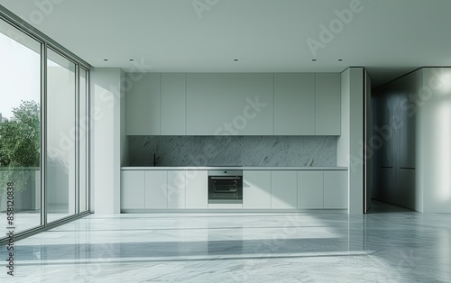 Modern Minimalist Kitchen With Marble Countertops and Large Windows