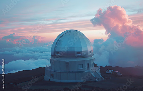 Hawaii Observatory at Dusk: Pink and Blue Sky with Telescope Dome, Clouds, and Cars