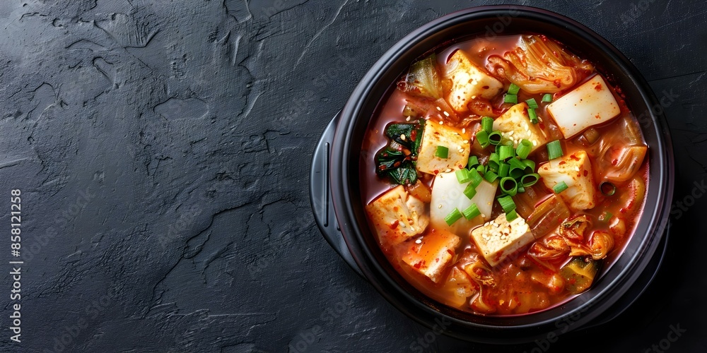 Satisfying and Spicy Kimchi Jjigae Comfort in a Bowl. Concept Kimchi, Korean, Comfort Food, Spicy, Stew Satisfying and Spicy Kimchi Jjigae Comfort in a Bowl. Concept Kimchi, Korean, Comfort Food, Spicy, Stew