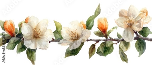 Fototapeta Naklejka Na Ścianę i Meble -  A watercolor painting showcases an orange blossom on a branch, emphasizing its delicate petals and vibrant colors against a clean white background.