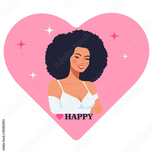 Young happy African-American woman with bouffant hair smiling in background heart.