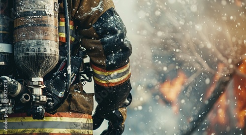 Close-up of firefighter with equipment against firebackground photo