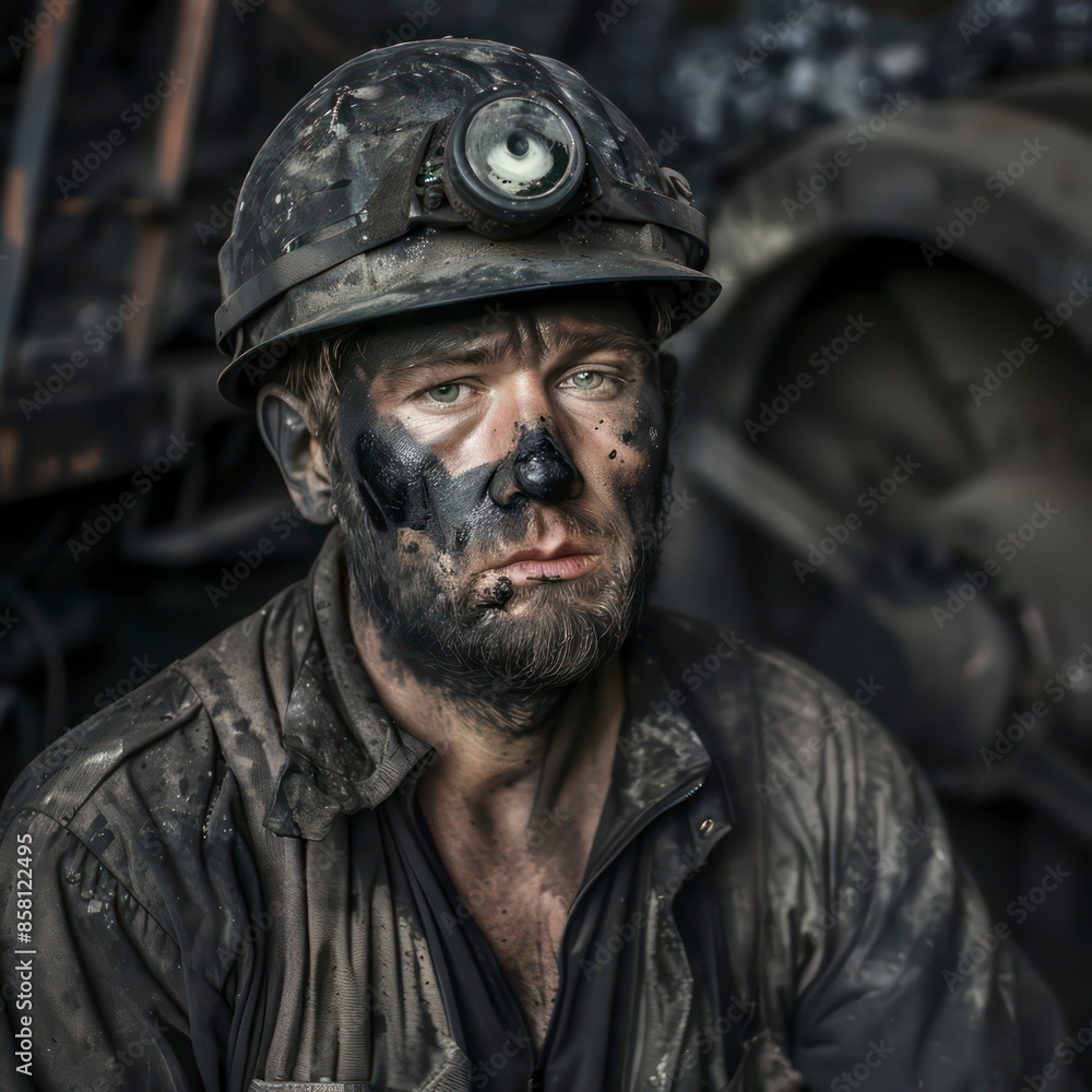 The miner's soot-smeared face tells a story of hard work and resilience, reflecting the challenges faced deep within the coal mine's darkness. The miner's soot-smeared face tells a story of hard work and resilience, reflecting the challenges faced deep within the coal mine's darkness.