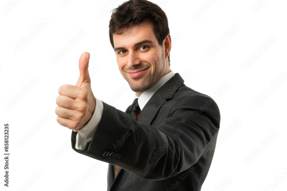 Confident businessman in a suit giving a thumbs-up, expressing approval and success, isolated on a transparent background. Confident businessman in a suit giving a thumbs-up, expressing approval and success, isolated on a transparent background.