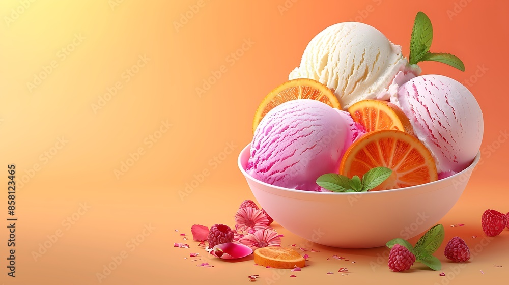 Bowl with tasty ice cream on orange background very detailed and realistic shape Bowl with tasty ice cream on orange background very detailed and realistic shape