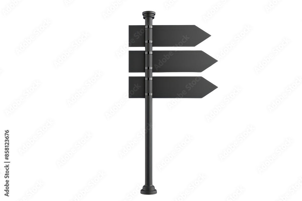 Black directional signpost with three blank signs pointing in different ...
