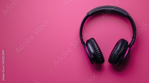 Black wireless headphones on pink background with text space