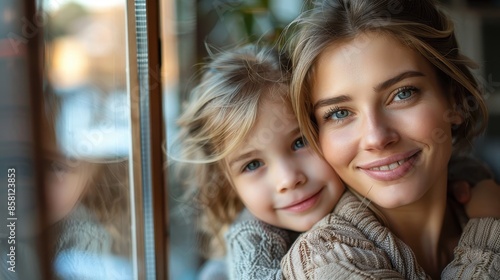 A joyful mother and her young child are smiling together while looking out of a window, capturing a cozy and heartwarming moment at home with natural lighting and soft colors.