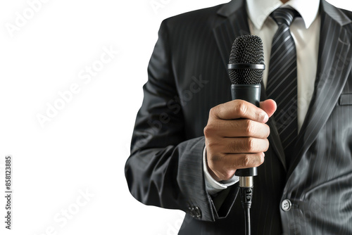 A business professional in a suit holding a microphone, ready to speak or present at an event or conference.