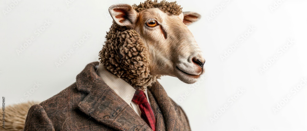 A sophisticated sheep stands elegantly in a tailored suit and tie, showcasing a polished demeanor against a clean, white backdrop. A sophisticated sheep stands elegantly in a tailored suit and tie, showcasing a polished demeanor against a clean, white backdrop.