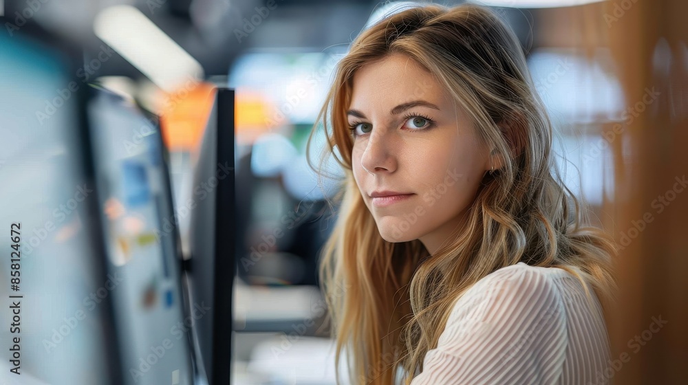 A woman works intently at her computer in an office, displaying concentration and engagement in her tasks, symbolizing modern workspace efficiency and technological reliance. A woman works intently at her computer in an office, displaying concentration and engagement in her tasks, symbolizing modern workspace efficiency and technological reliance.