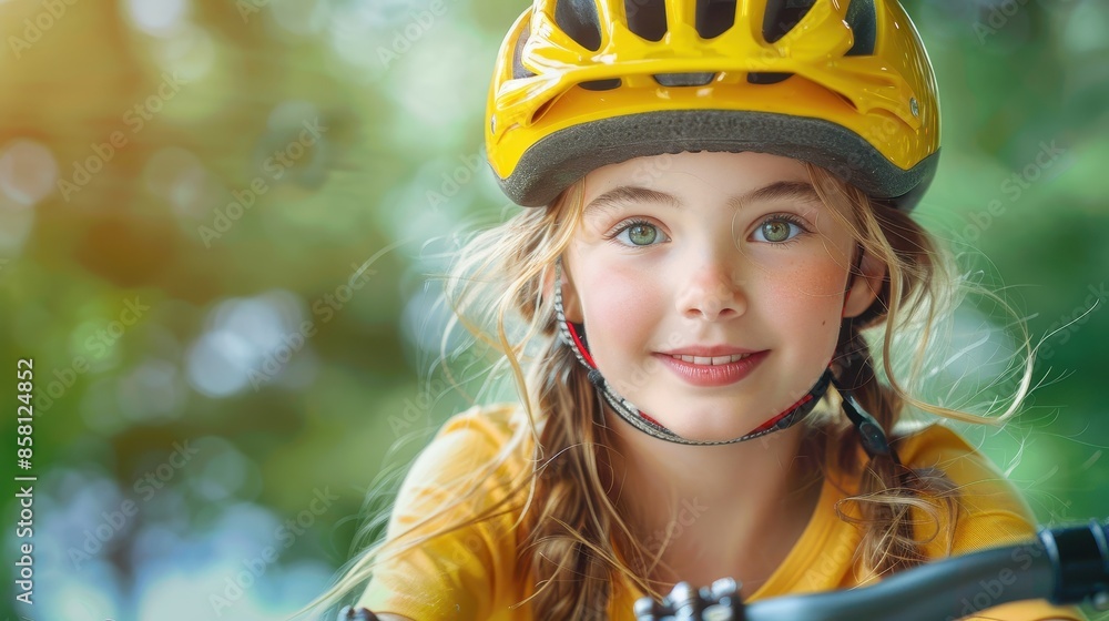 A young girl with vibrant eyes and a yellow helmet joyfully riding a bike outdoors, capturing a sense of freedom and adventure on a bright, sunny day. A young girl with vibrant eyes and a yellow helmet joyfully riding a bike outdoors, capturing a sense of freedom and adventure on a bright, sunny day.