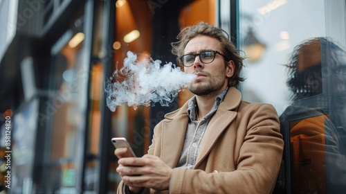 A man in glasses and an overcoat vapes while using his smartphone outside a stylish urban cafe, blending modern technology with casual city life. photo
