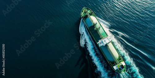 Aerial view of an oil tanker carrying natural gas tanks sailing on the sea with a white and green color scheme, creating a cinematic feel.