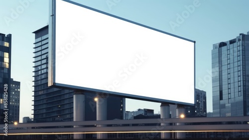 A mockup of billboard with white color blank space setting in between building of city. A large big board perfect for advertisement of business to promote product or announcement to public. AIG35. © Summit Art Creations