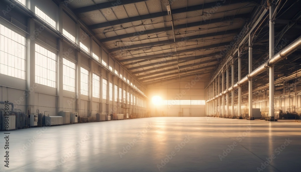 A wide shot of an empty factory hall with industrial air flow pipes and modern equipment
A wide shot of an empty factory hall with industrial air flow pipes and modern equipment
