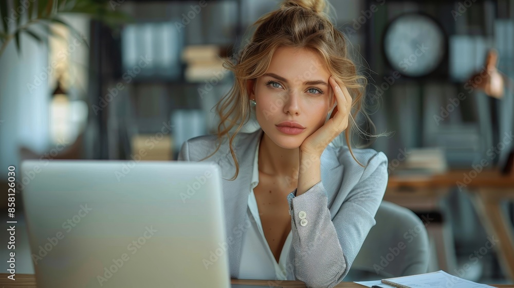 A focused businesswoman stares at a computer screen in an office space, surrounded by shelves and office elements, symbolizing concentration and diligence in her profession. A focused businesswoman stares at a computer screen in an office space, surrounded by shelves and office elements, symbolizing concentration and diligence in her profession.