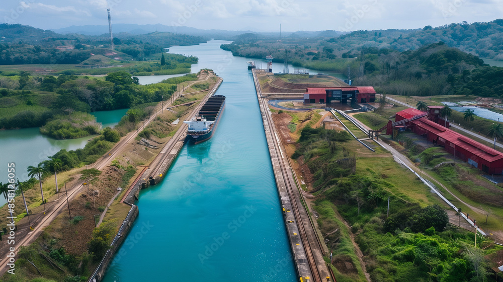 Aerial view of the Box Yards and old canal in San Montill, Panama showing a ship passing through the trench. The Panamanian landmark is visible. Aerial view of the Box Yards and old canal in San Montill, Panama showing a ship passing through the trench. The Panamanian landmark is visible.