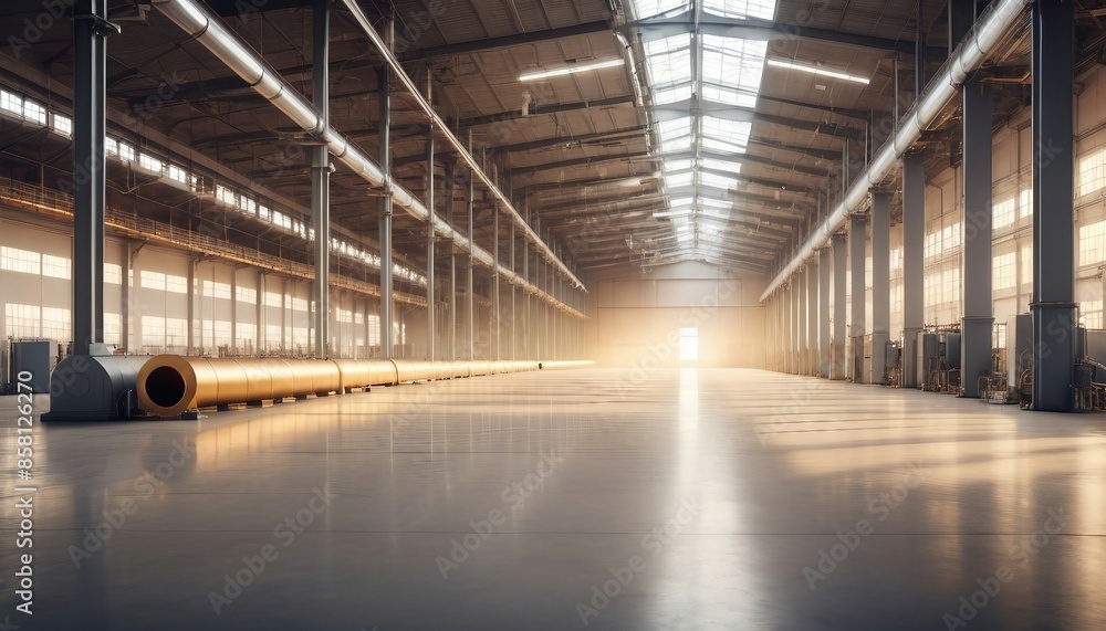 A wide shot of an empty factory hall with industrial air flow pipes and modern equipment
A wide shot of an empty factory hall with industrial air flow pipes and modern equipment