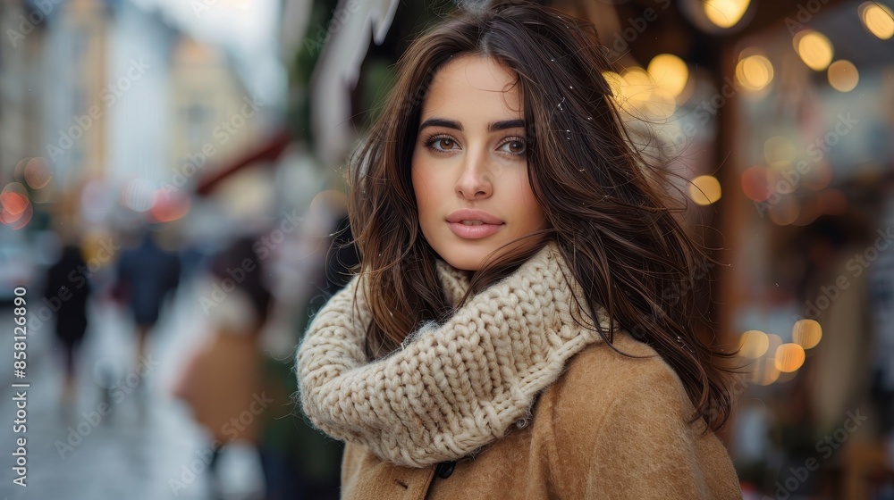 custom made wallpaper toronto digitalA young woman with dark hair is dressed in warm winter attire, standing on a busy urban street filled with people and festive lights, braving the winter chill.