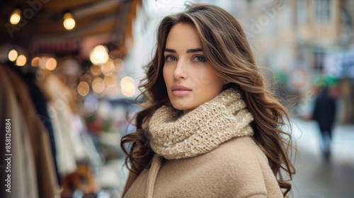 A fashionable woman with curly hair in a large scarf and coat stands on a market street, with blurred lights and people in the background, exuding urban charm and winter style.