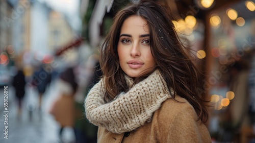 Wallpaper Mural A young woman with dark hair is dressed in warm winter attire, standing on a busy urban street filled with people and festive lights, braving the winter chill. Torontodigital.ca